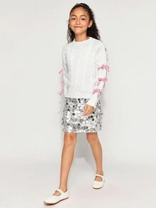 Radiana Tween Girl Knitted Textured Colorblock Bow Crew Neck Casual Pullover Sweater, Comfortable & Cute, Suitable For Everyday Wear - White - View 7