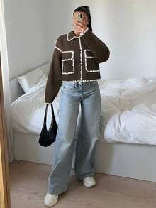 SHEIN EZwear 女士休闲巧克力棕色撞色短款外套，秋冬季 - 巧克力棕 - 查看 6