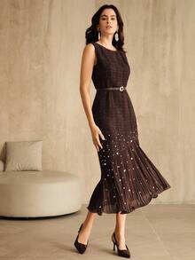 Anewsta Elegant Coffee Color Tweed Patchwork Pleated Fishtail Hem Beaded Dress - Coffee - View 6