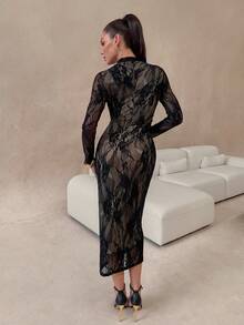 Lavishia Đầm ren ôm sát tay dài cổ đứng thanh lịch dành cho nữ - màu đen - Xem 3