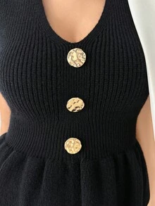 Modelyn 女士优雅金属扣荷叶边下摆黑色毛衣背心，秋冬款 - 黑色 - 查看 3