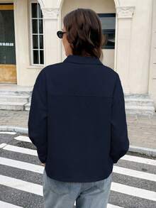 Serisse 女式纯色长袖单排扣口袋休闲夹克，秋季 - 藏蓝色 - 查看 2