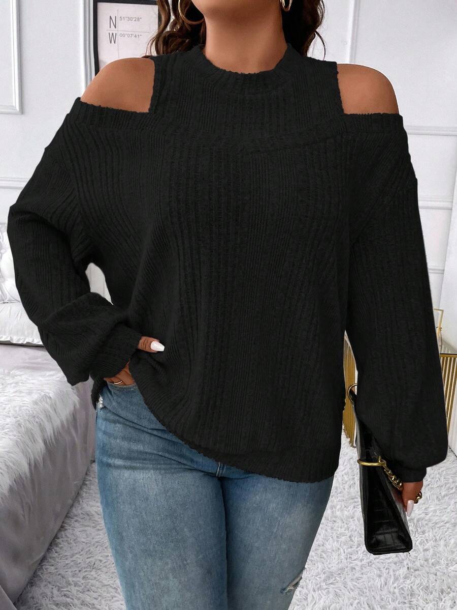 Vionelle Plus Size Women's Solid Color Off-Shoulder Long Sleeve Casual Ribbed Sweatshirt - Black - View 1