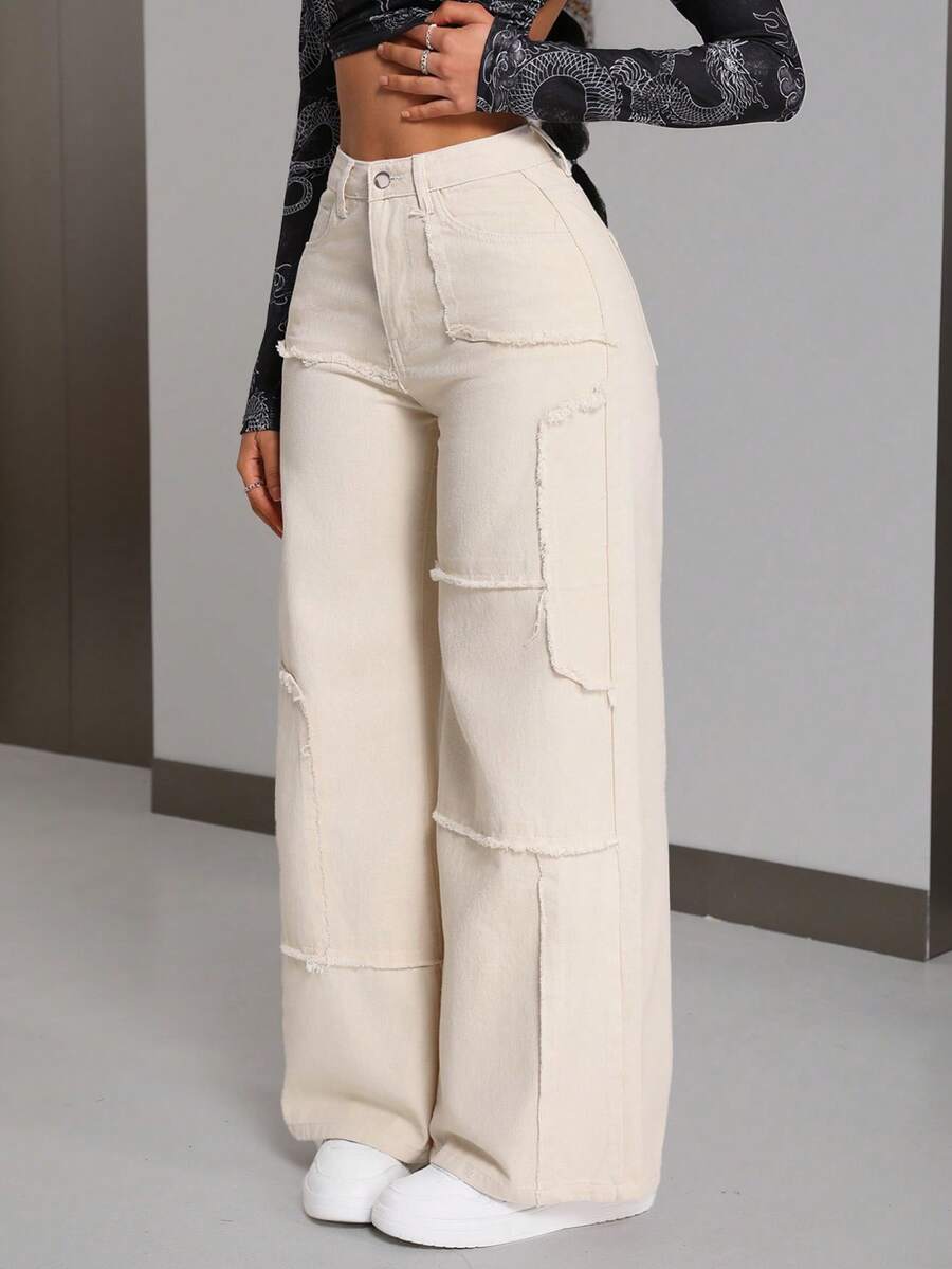 SHEIN Tall 女式宽松口袋磨边阔腿休闲百搭牛仔裤 - 米色 - 查看 1