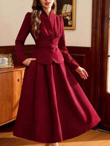 Vintamour Conjunto de traje elegante vintage de mujer con bolsillos, cinturón de pana, chaqueta blazer con botones y falda, conjunto de 2 piezas para negocios/vacaciones, ropa de otoño para mujer, atuendos de otoño para mujer, ropa de invierno para mujer, conjunto de invierno, vestidos elegantes para mujer, conjunto elegante de mujer, abrigo de invierno burdeos para mujer, vestido de invierno para mujer, chaqueta de invierno para mujer, vestidos de otoño para mujer