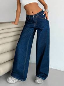 SHEIN Cottnline WOMEN LOW WAIST WIDELEG CASUAL STREET DARK BLUE WITH BACK LABEL WATER WASH - Medium Wash - View 5