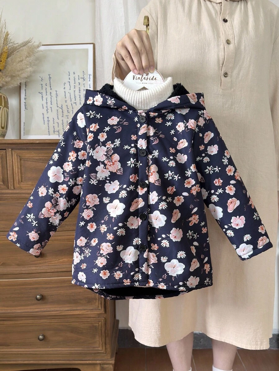 SHEIN Vintaside Kids 年轻女孩的碎花保暖内衬连帽纽扣夹克,时尚休闲,适合日常穿着 - 彩色 - 查看 1