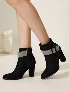 CUCCOO CHICEST Botas de tobillo con tacón grueso de strass para mujer, nuevas botas de vestir de terciopelo para otoño/invierno - Negro - Ver 6