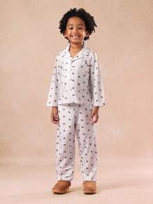 SUMWON Kids Season Bear Print Button Down Pajama Set Soft Cozy Winter Sleepwear Wear Long Sleeve Pjs Set Comfortable Night Wear Fall , Casual And Vacation - Grey - View 1