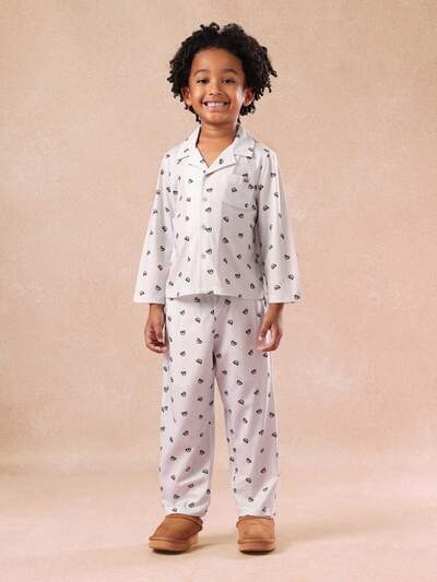 Conjunto de pijama de manga larga con botones y estampado de oso