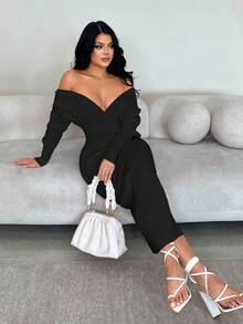 SHEIN SXY 女式性感优雅白色 V 领露肩长袖修身毛衣裙，适合日常穿着、办公室、约会、休闲、派对、感恩节、圣诞节长袖紧身连衣裙深 V 领连衣裙长款紧身连衣裙紧身长裙深 V 连衣裙长袖优雅连衣裙秋冬女装 - 黑色 - 查看 3