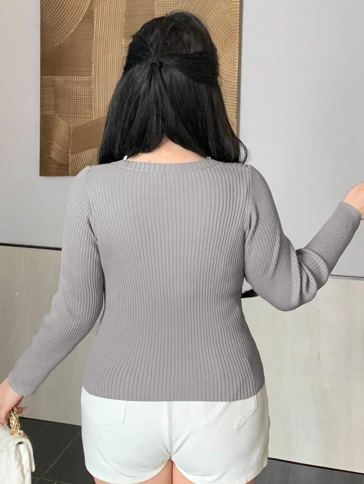 Dazy Plus Plus Size Women Lace Splice V-Neck Slim Fit Pullover Sweater Fall/Winter