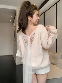 DAZY Women's Loose Casual Solid Color Backless Mesh Patchwork Bow Tie Knitted Pullover Sweater, Autumn/Winter,New Year,Christmas