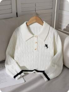 Tween Girl White Half-Placket Button Cable Knit Embroidered Cropped Loose Sweater,Black And White,Autumn,Elegant And Classy,School,Back-To-School - Beige - View 5