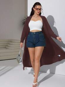 SHEIN EZwear 秋季大码女式纯色落肩长袖罗纹休闲长款夹克 - 棕色 - 查看 2