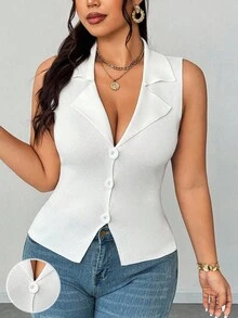 Elenzga Women's Autumn Contrast Collar Simple Fashionable Deep V-Neck Solid Color Sleeveless Buttoned Slit Hem Fitted Cardigan Sweater Vest, Plus Size - White - View 1
