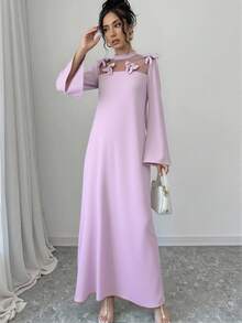 Yasmyna Women's Solid Color 3D Floral Decor Flare Sleeve Elegant Arabic Style Dress - Mauve Purple - View 4
