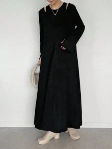 FRIFUL Rochie maxi casual lejeră, neagră, de culoare solidă, cu mâneci goale, cu nasturi, cu crăpături decorative, tiv drept, casual, set din două piese, toamnă - Negru - Vizualizare 3