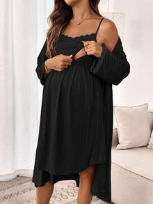 SHEIN 2 件套孕妇和哺乳休闲撞色蕾丝吊带背心连衣裙和夹克套装，夏季 - 黑色 - 查看 4