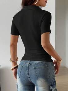 StreetHx Women's Solid Color Metal Decor Pocket Fitted Short Sleeve T-Shirt, Spring/Summer - Black - View 2