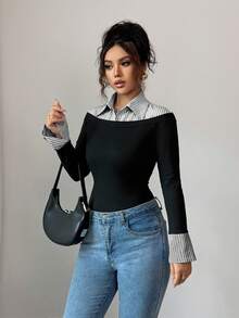 Áo thun tay dài cổ polo ôm vừa vặn 2 trong 1 Elenzga 2025 Thu/Đông, Áo thun tay dài cổ polo ôm vừa vặn họa tiết khối màu cổ điển Thu/Đông, Áo thun tay dài dáng ôm bó sát thanh lịch cổ áo AB bo gấu tay loe phối sọc nhiều màu thời trang Thu/Đông cho nữ, Áo thun họa tiết cho nữ Áo thun mùa xuân - màu đen - Xem 5