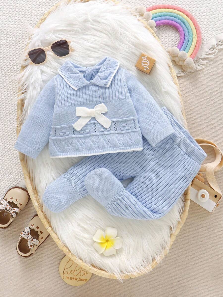 Conjunto de 2 peças de suéter de malha com gola babada e manga comprida para bebês meninas e leggings de malha combinando, macio e confortável para uso diário, ao ar livre, viagens, férias, casa e creche - Baby Azul - Ver 1