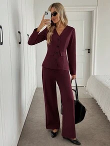 SHEIN LUNE 2 pièces/Set Chemise à manches longues avec boutons col V et pantalon évasé, tenue de bureau décontractée et élégante pour femme - Rouge foncé - Voir 3