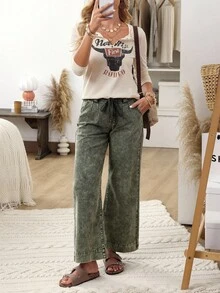 Damen Lässig Loose Fit Weite Bein Jeans mit Taschen