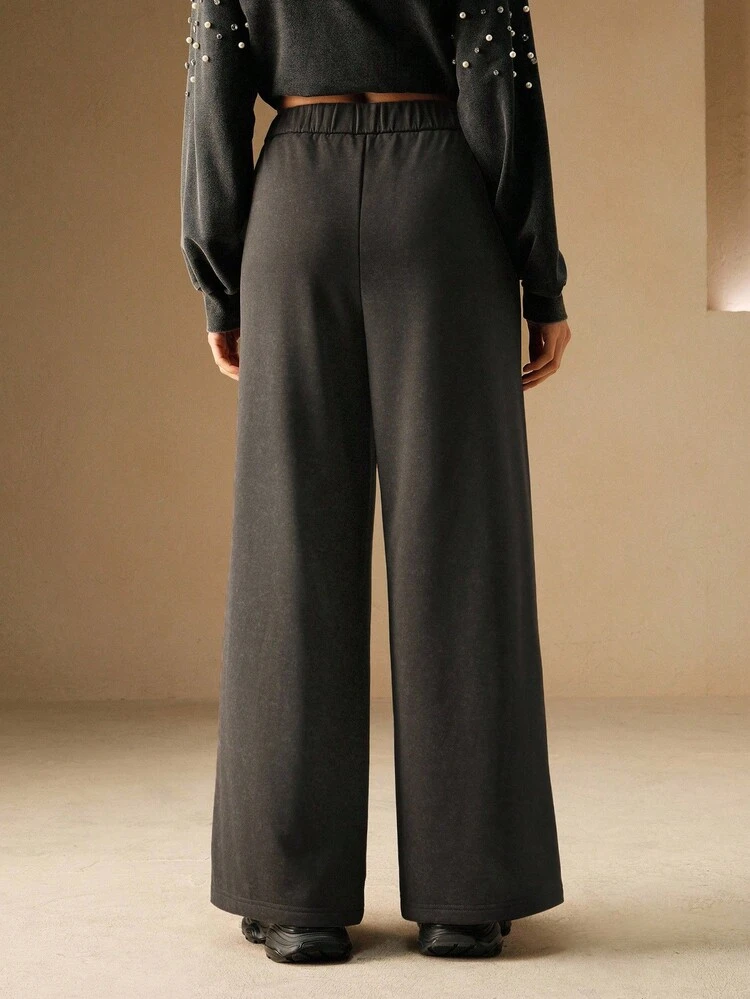 Women's Casual Fashion Street Loose Elastic Waist Rhinestone Decor Slant Pocket Wide Leg Sweatpants