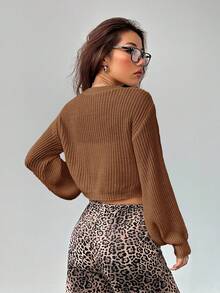 SHEIN PETITE 秋冬白色灯笼袖纽扣罗纹针织开衫 - 棕色 - 查看 2