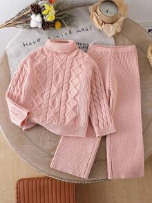 SHEIN Vintaside Kids 女童高领毛衣，新款时尚粉色套头衫儿童针织汗衫，秋冬 - 粉色 - 查看 1