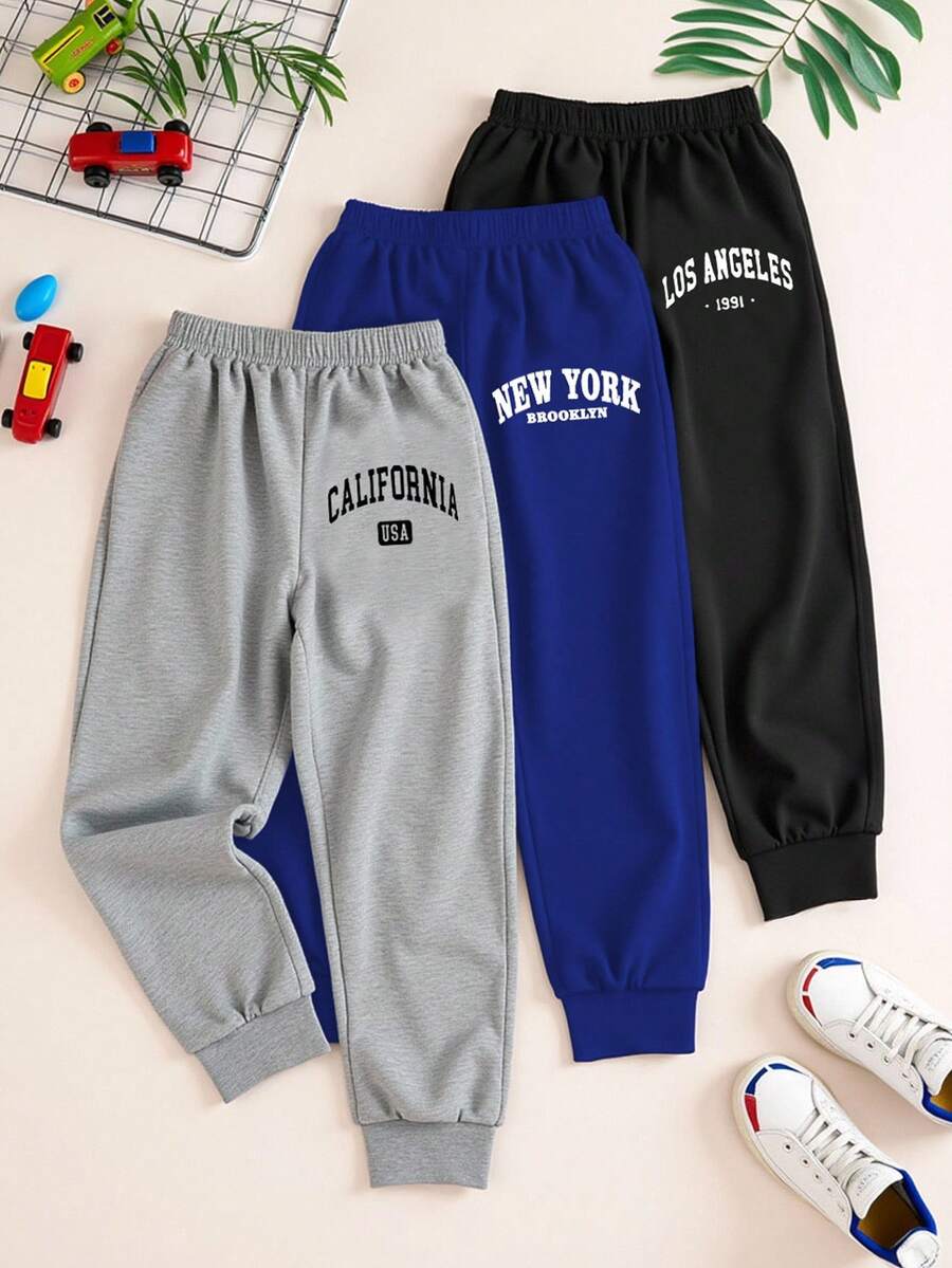 SHEIN Explorewe 男童针织休闲裤三件套,灰/蓝/黑三色可选,百搭长裤,适合户外、运动、日常穿着,秋冬季节穿着舒适,洛杉矶、纽约、加州等美国地区均可穿着。休闲运动裤/慢跑裤 - 彩色 - 查看 1