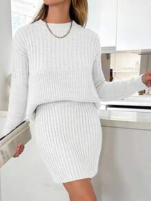SHEIN Cottnline Casual Rib Knit Sweater & Mini Rib Knit Sweater Skirt Co-Ords - Cream - View 7
