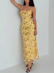 Aloruh Women's Spaghetti Strap Backless Sequin Dress, Fitted And Fashionable - Gold - View 5
