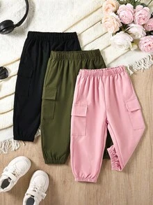 SHEIN 3pcs Baby Girl Woven Comfortable Elastic Waist Casual Pants,0-3 Years Old,Side Pockets,Pink And Black,Autumn,Graduation,Back-To-School Outdoor Fashion - Multicolor - View 3