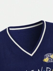 FRIENDS X SHEIN Men's V-Neck Casual Tank Top With Letter Embroidery - Navy Blue - View 3