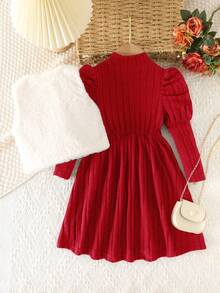 Elladie kids 女孩优雅高领泡泡袖收腰纯色纹理连衣裙和短款圆领毛绒蝴蝶结装饰背心套装，秋冬 - 紅色 - 查看 2