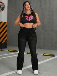 SHEIN EZwear Celana Jeans Flare Pinggang Tinggi Kasual Ukuran Besar/Musim Dingin - Hitam - View 4