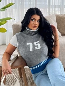 SHEIN SXY Femmes Top tricoté à col roulé sans manches avec motif numérique régulier, Tee-shirts grande taille, Hauts casual grande taille, Streetwear grande taille, Hauts grande taille pour femmes, Pulls grande taille Vêtements d'automne-hiver pour femmes - Gris foncé - Voir 4