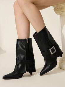 CUCCOO CHICEST 女士秋冬新品水晶扣尖头细高跟鞋优雅奢华通勤时尚前卫哥特式黑色仿皮中筒靴，适合下午茶、约会、时尚派对、职场、优雅装扮、酒吧、夜总会、街头风格、万圣节、圣诞节、感恩节、百搭基本款 - 黑色 - 查看 5