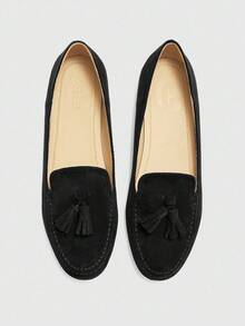 CUCCOO BIZCHIC Mocasines de ante negro con flecos, puntera redonda, suela blanda y cómoda, estilo retro, para mujer. Zapatos casuales para conducir y uso diario - Negro - Ver 2