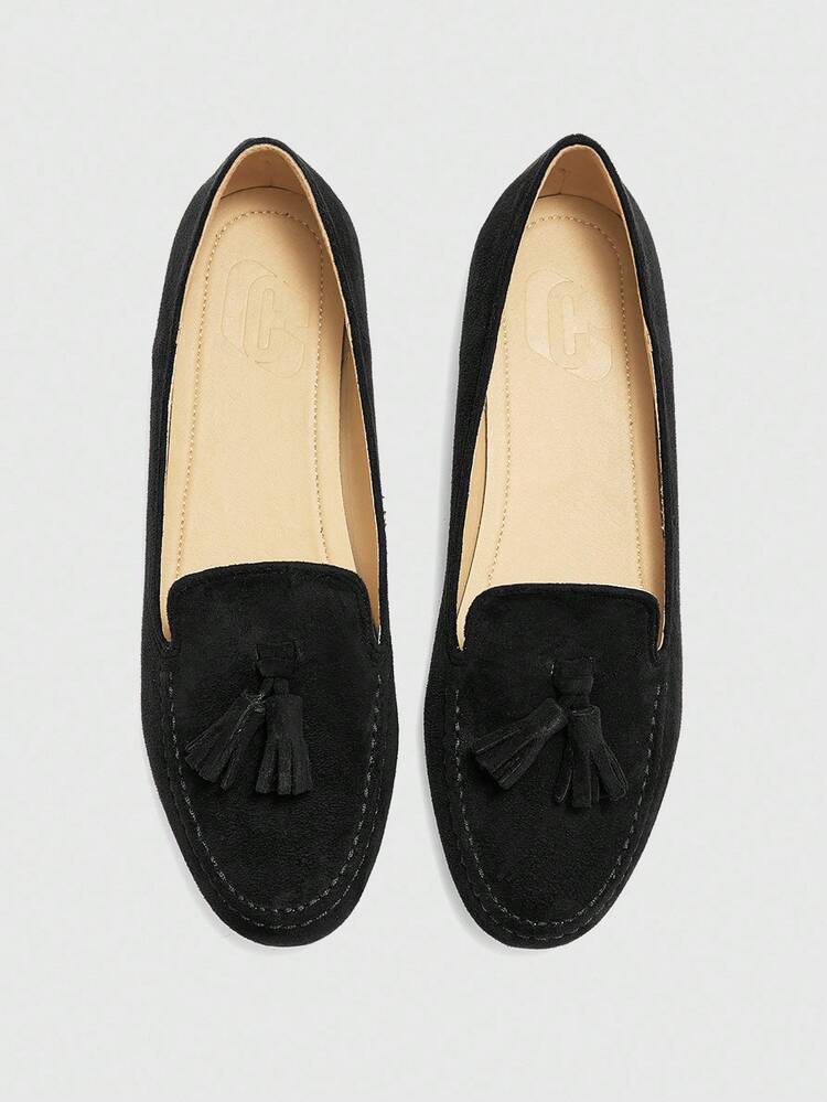 CUCCOO BIZCHIC Women's Round Toe Flat Black Suede Fringe Soft Bottom Comfortable Retro Slip-On Loafers, Casual Driving Shoes For Work And Daily Wear