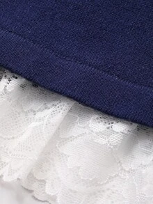 DAZY Women's Fashion Color Block Lace Patchwork Oblique Shoulder Long Sleeve Sweater Fall/Winter School - Navy Blue - View 8