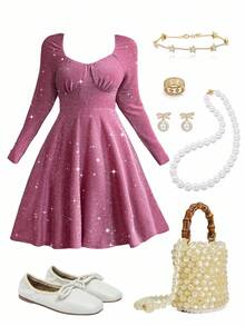 Flirla Plus Size Women's Elegant Lace & Metallic Thread Long Sleeve Party Dress Party Gathering Dance Date Dinner Party Banquet - Dusty Pink - View 9