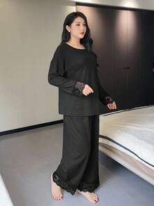 Dazy Plus 2pcs Plus Size Women Loose Contrast Lace Top And Pants Pajama Set, Spring/Autumn, Fall Clothes - Black - View 7