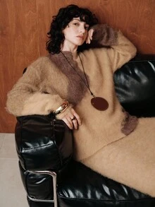 Uhlyne Uhlyne Women's Old Money Elegent Two-Piece Sweater Set,All Shades Of Brown Autumn Fuzzy Knitted Co-Ords,Loose Fit Round Neck Color-Block Brunch Outfit,Khaki - Khaki - View 2