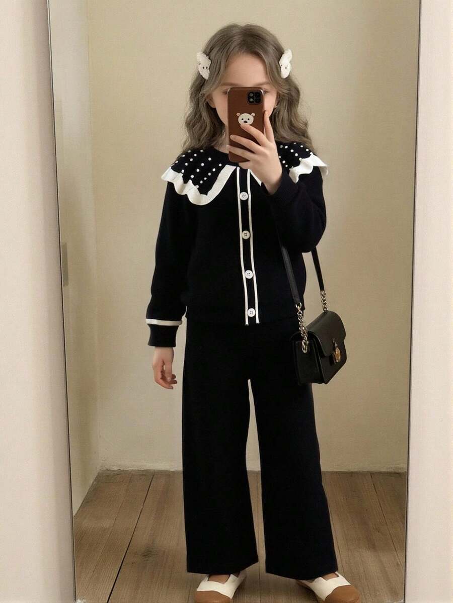 SHEIN Elladie kids Young Girls Elegant Black Sweater Co-Ord Set With Pearl Decor Collar, Long Sleeve Knit Cardigan + Wide Leg Knit Pants, Soft Fabric Suitable For Daily, Outdoor, Travel, Holiday, Home, Daycare, School, Party Wear Fall Winter