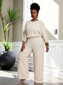 Slaydiva Autumn Plus Size Women Casual Elegant Bubble Sleeve Top And Wide Leg Pants Set,Peach Everyday Smart Casual Street Style,Fall Clothes For Women - Brown - View 11