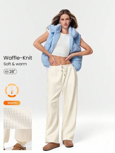 Pantalones jogger de cintura alta con textura de gofre, cintura elástica, pantalones activos para uso casual diario, cálidos para el invierno