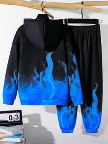 SHEIN 2 件套青少年男童休闲日常百搭舒适印花连帽卫衣和宽松保暖内衬慢跑裤套装 - 彩色 - 查看 4